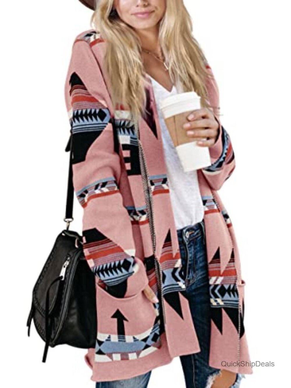 Boho Aztec Open Front Cardigan Long Sleeve Shawl Collar Knit Sweater Coat